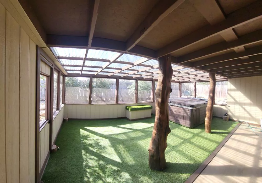 Covered patio with string lights